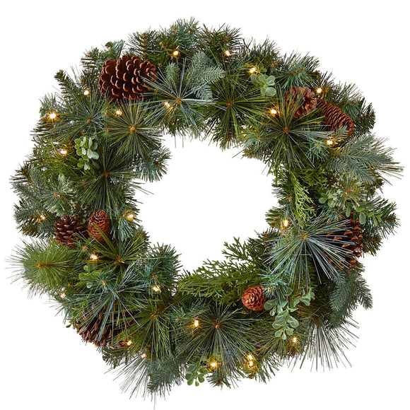 24” Christmas Pre-Lit LED Greenery Artificial Wreath For Holiday Décor