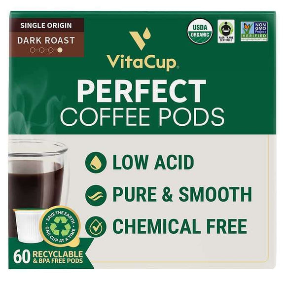 Vitacup Low Acid Perfect Coffee Pods, USDA Organic, Dark Roast, 60-Count