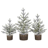 30" Flocked Trees with LED Lights, Set of 3 in Woven Vinyl Baskets
