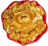 Chinese Fortune Golden Treasure Basin Statue Coin Bank Ingot Money Bag Figurine