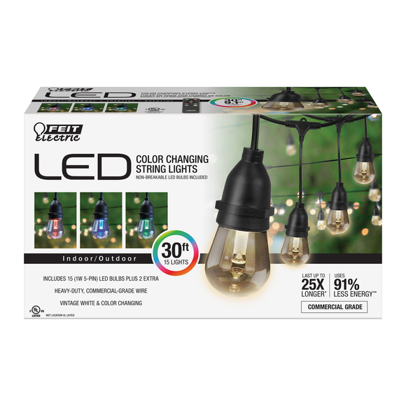 FEIT Indoor / Outdoor 30' LED Color Changing String Lights, 15 LED Bulbs