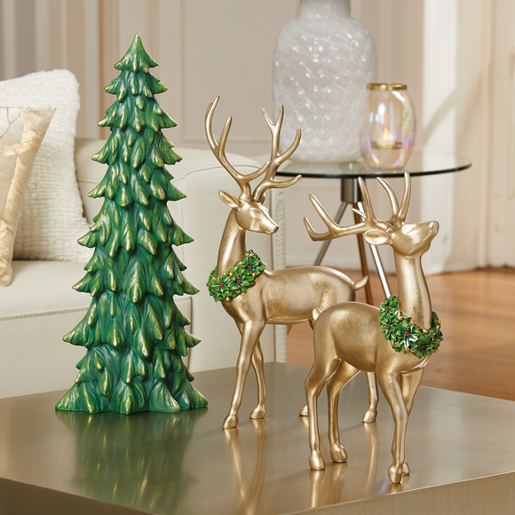 Two Holiday Deer with Tree, Set of 3