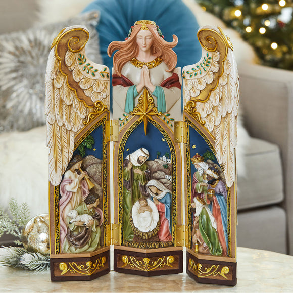 Folding Angel with Holy Family Nativity Scene, 17